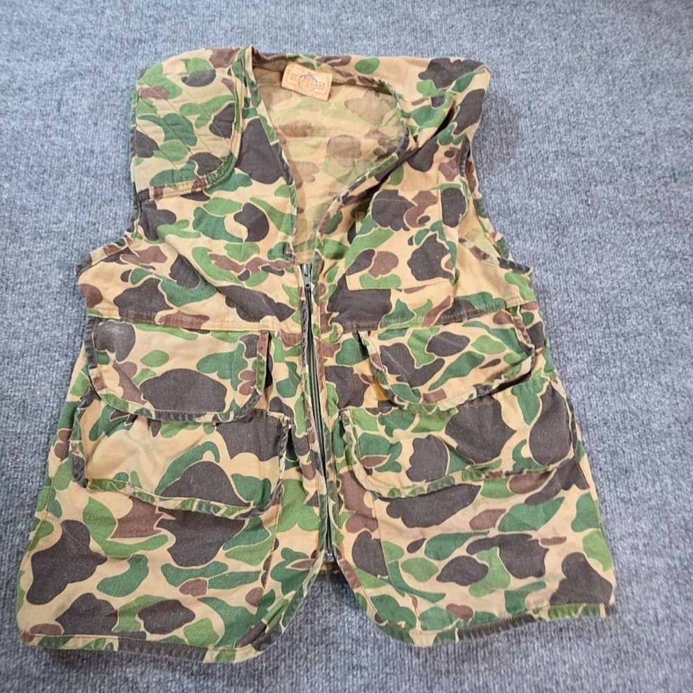Vintage SAF-T-BAK Vest Mens Large Green Camo Canvas Full Zip Hunting Outdoor